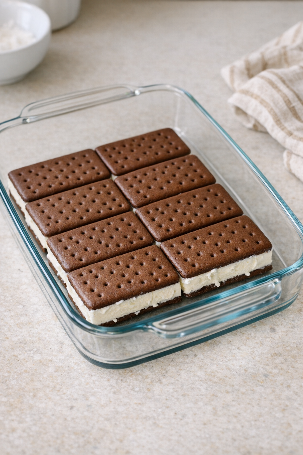 First layer of ice cream sandwiches in baking dish