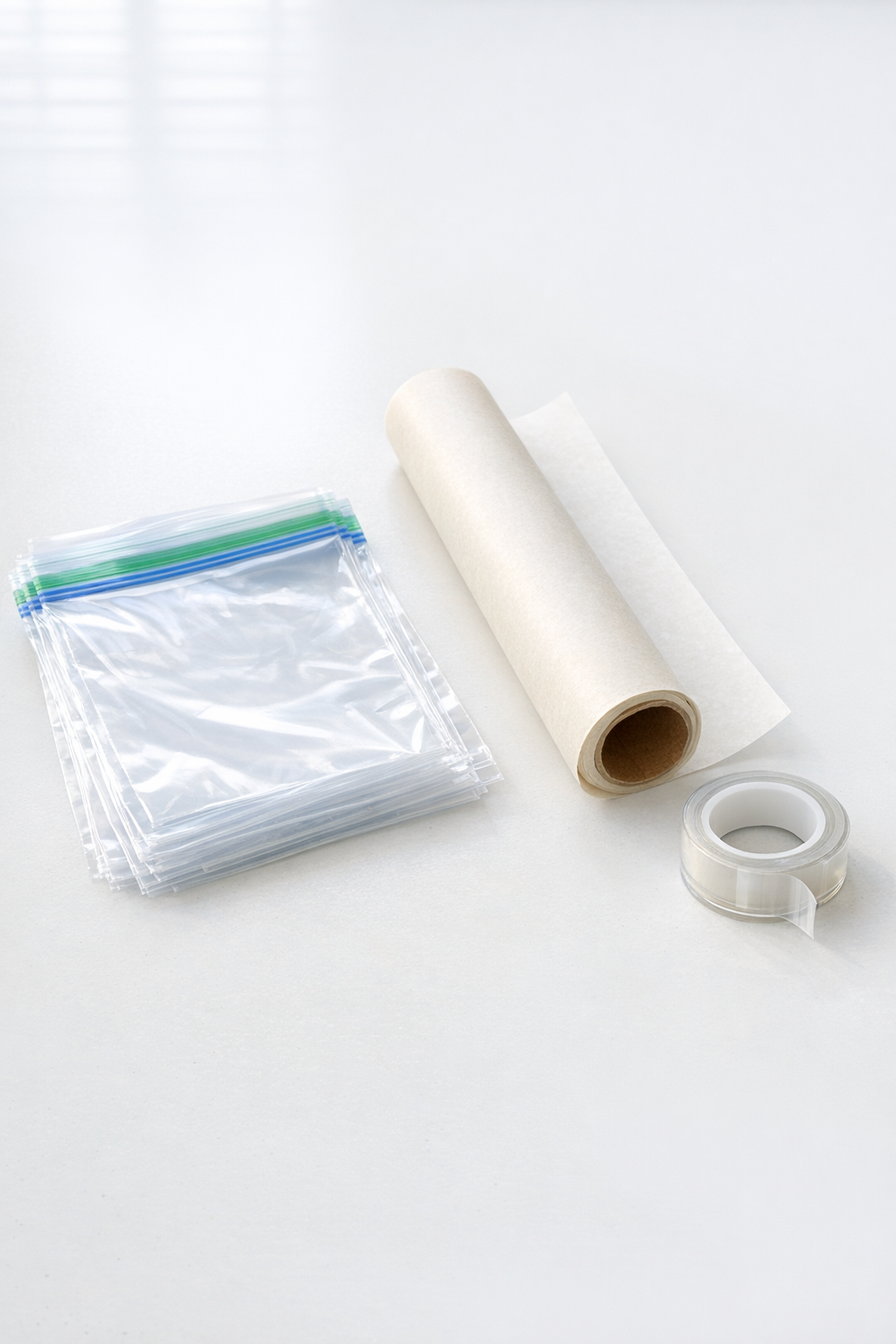 Plastic sandwich bags, parchment paper, and clear tape laid out for the project