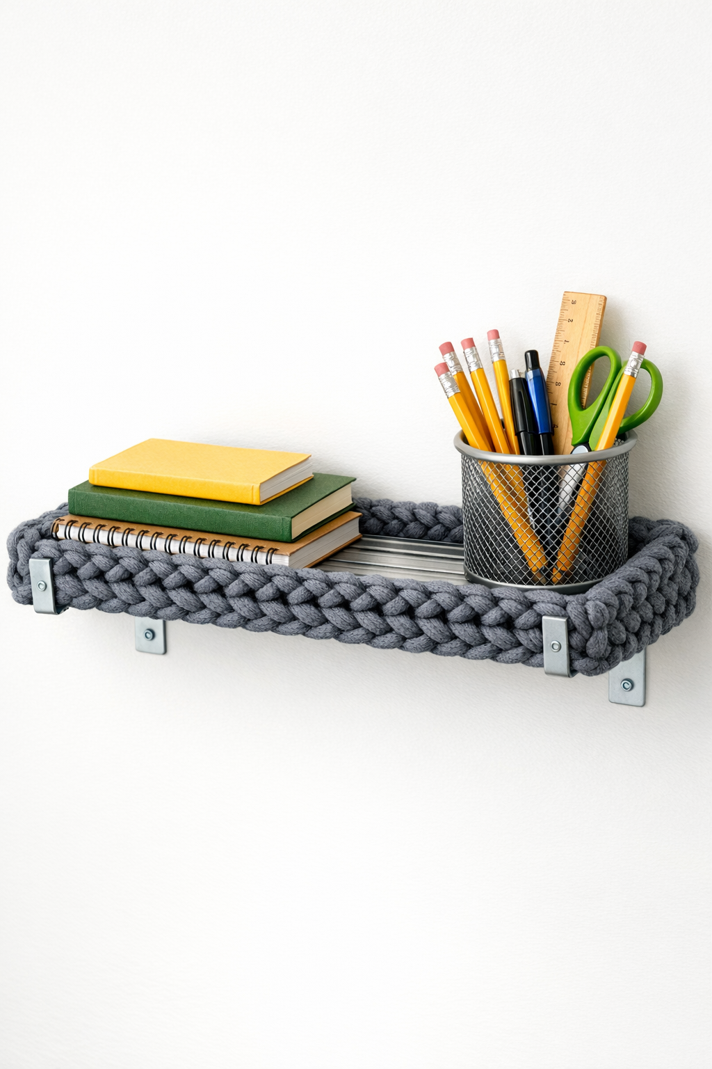 Finished crocheted wall shelf made from bundled blind slats mounted on a wall