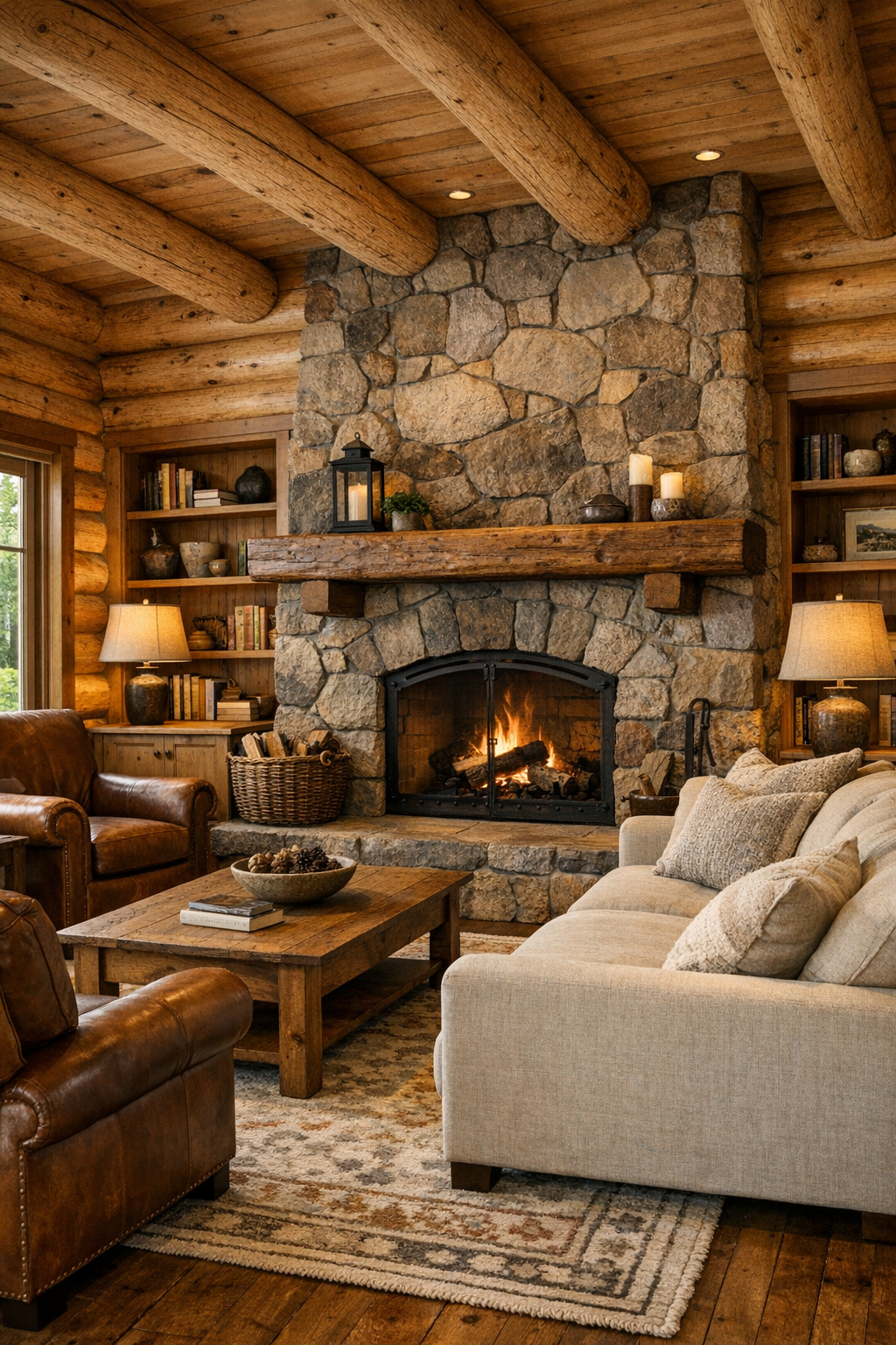 Living room with sugar maple log walls, stone fireplace, and warm neutral seating