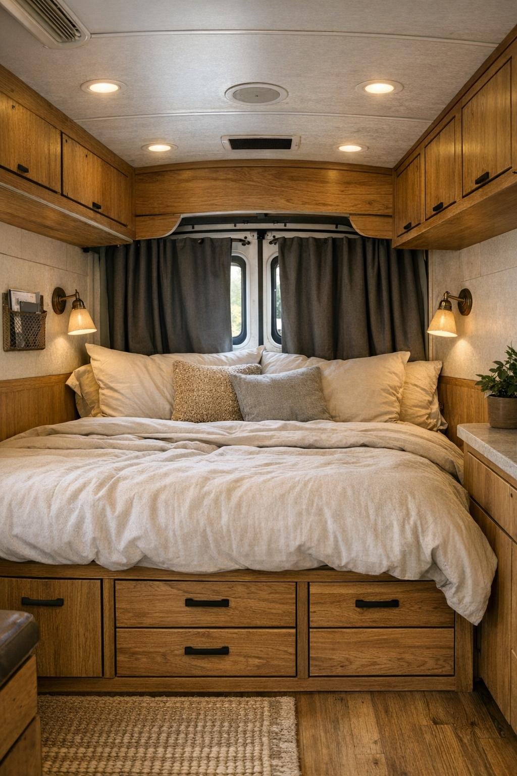 Cozy camper bedroom with soft neutral bedding and built-in storage