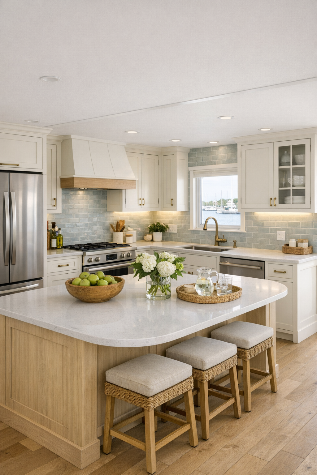 Coastal kitchen with creamy white cabinets, a quartz island, and pale blue-gray tile backsplash