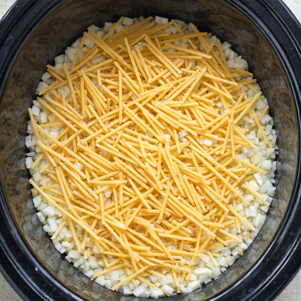 Broken spaghetti layered over chopped onions