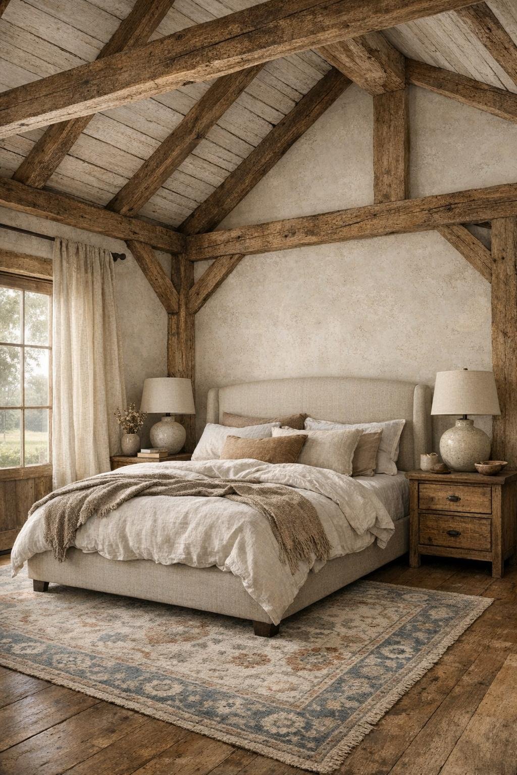 Quiet bedroom with exposed beams, layered linen bedding, and warm farmhouse textures