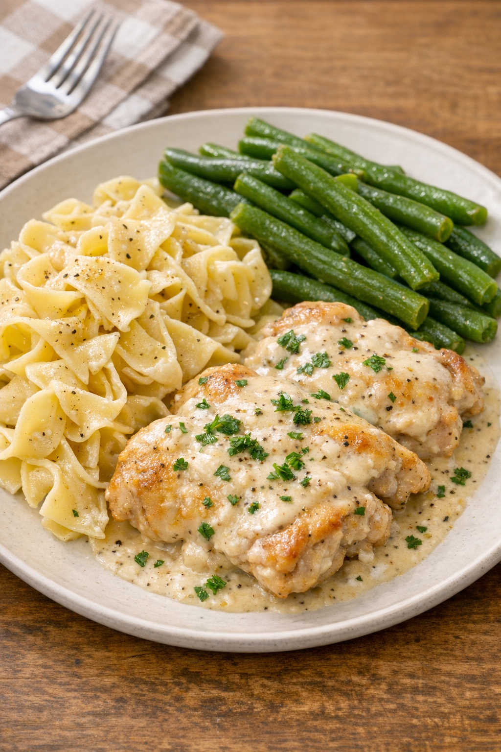 Baked creamy chicken thighs in a ceramic baking dish