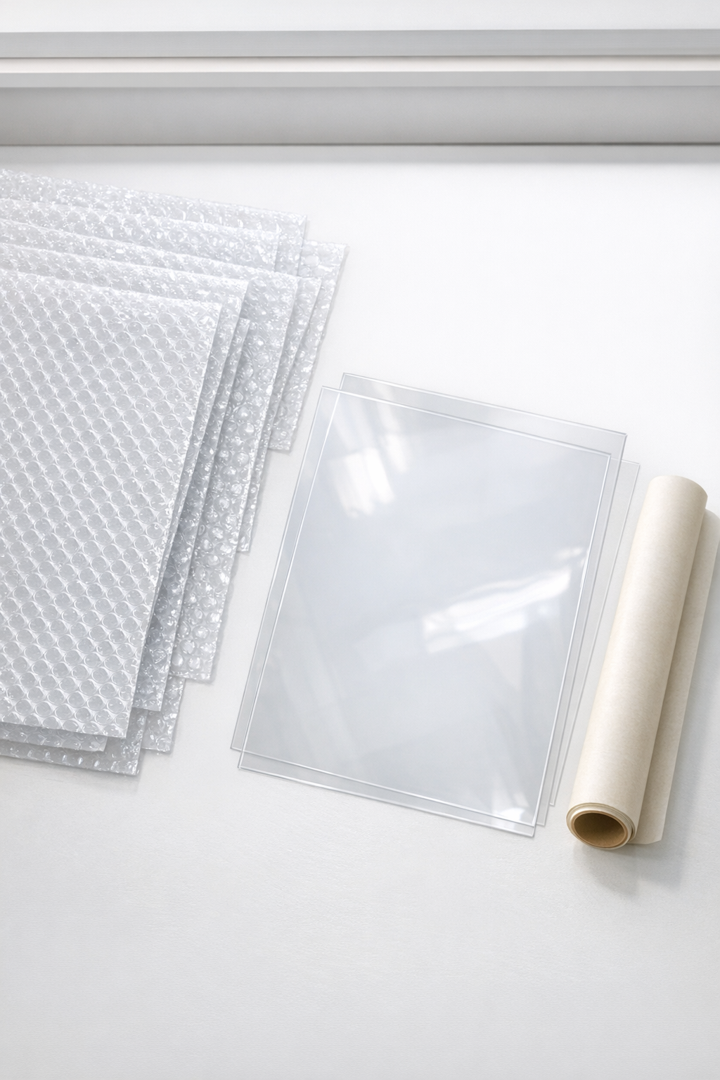 Clear bubble wrap, parchment paper, and clear plastic sheets laid out for the project