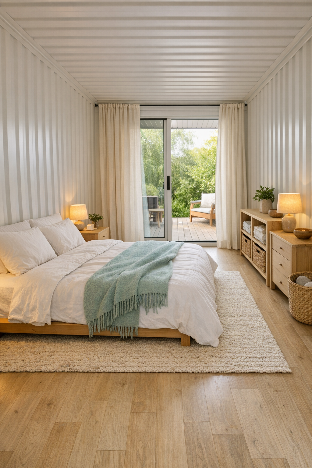 Calm bedroom with soft mint accents, pale wood, and layered bedding