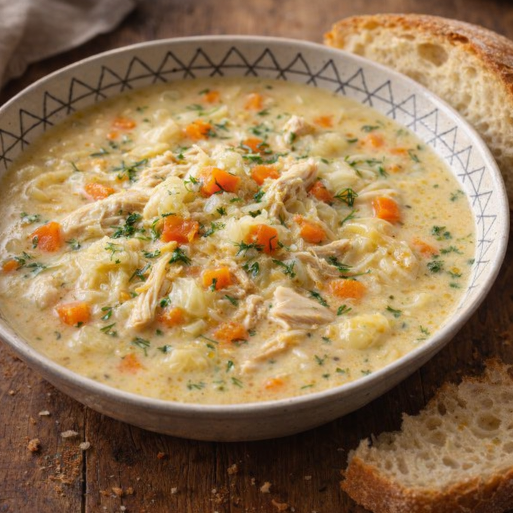 Creamy variation of chicken and cabbage soup with bread