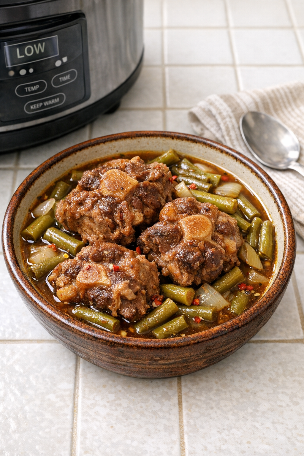 Finished bowl of beef oxtail and green bean stew