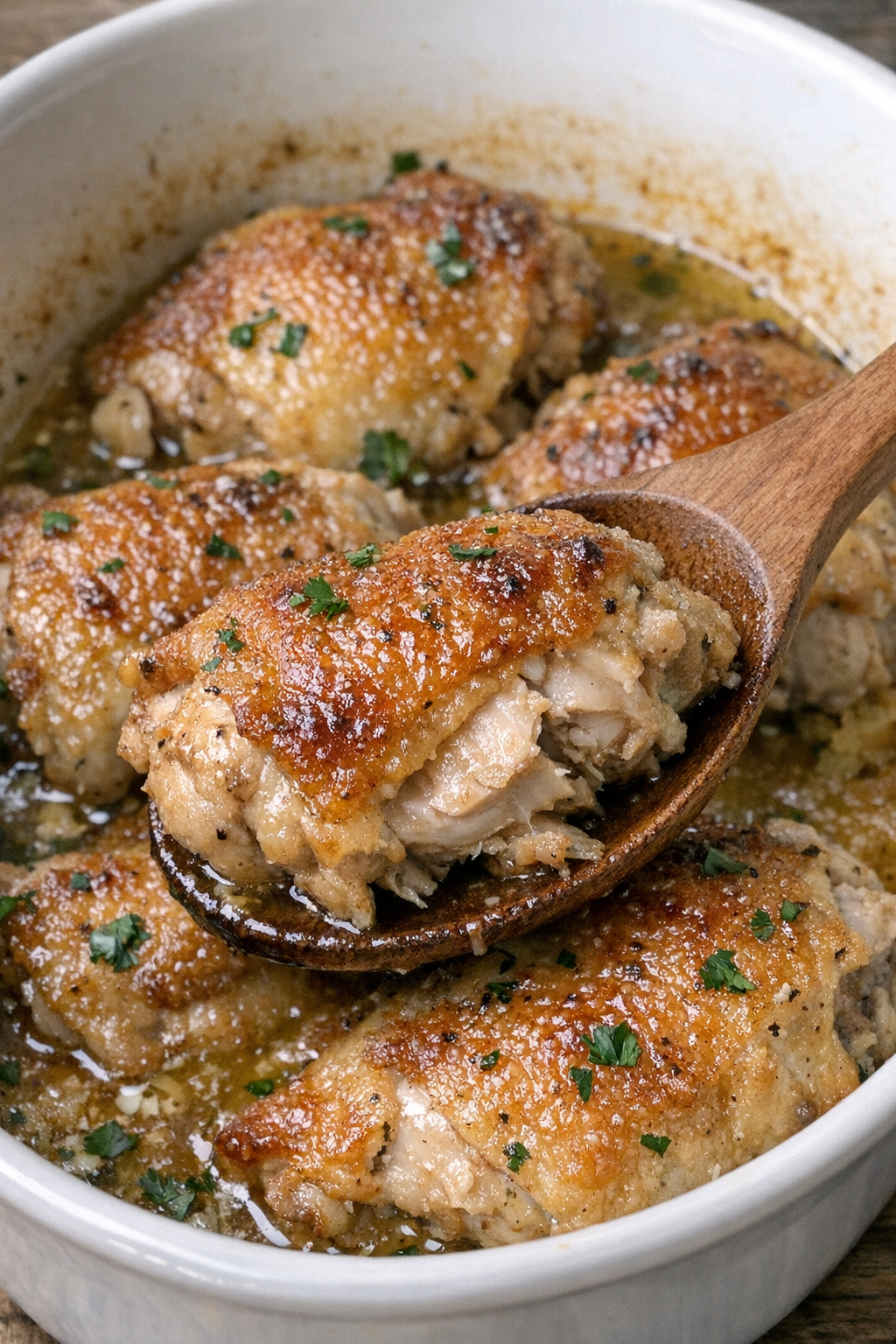 Golden brown chicken pieces in a white oval casserole dish