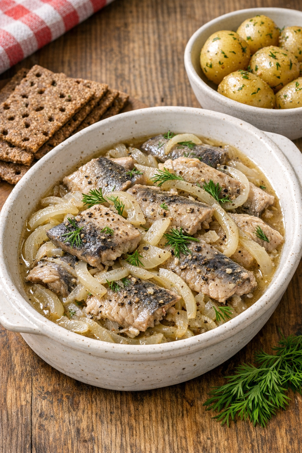 Finished slow cooker herring spread in a rustic serving dish