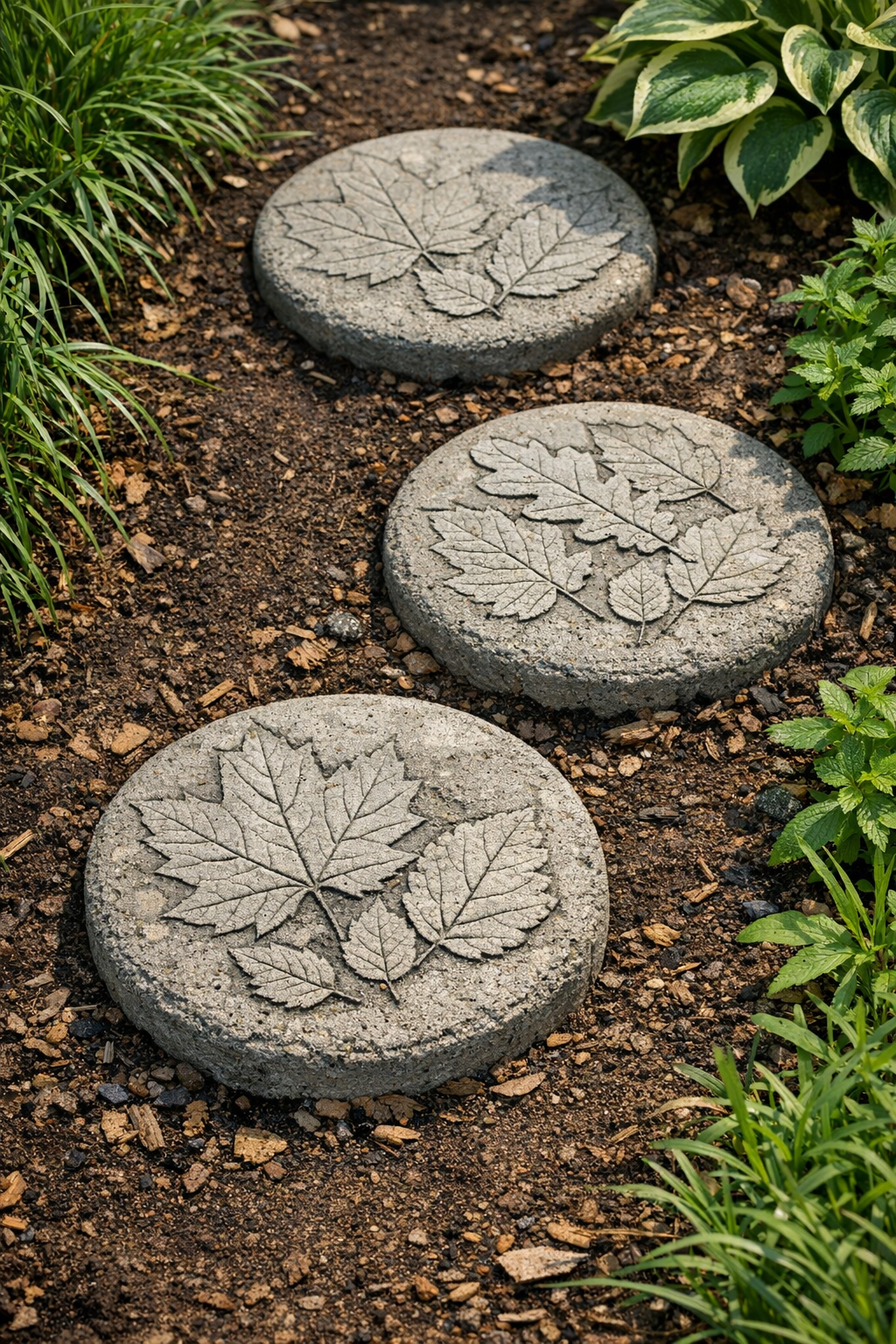 Finished circular cement garden steps installed in a garden path
