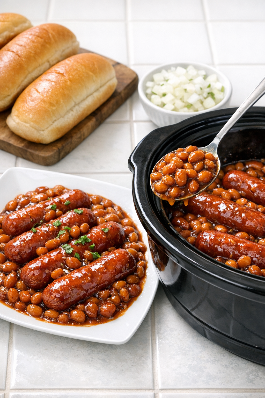 Finished backyard beef franks with baked beans in a slow cooker