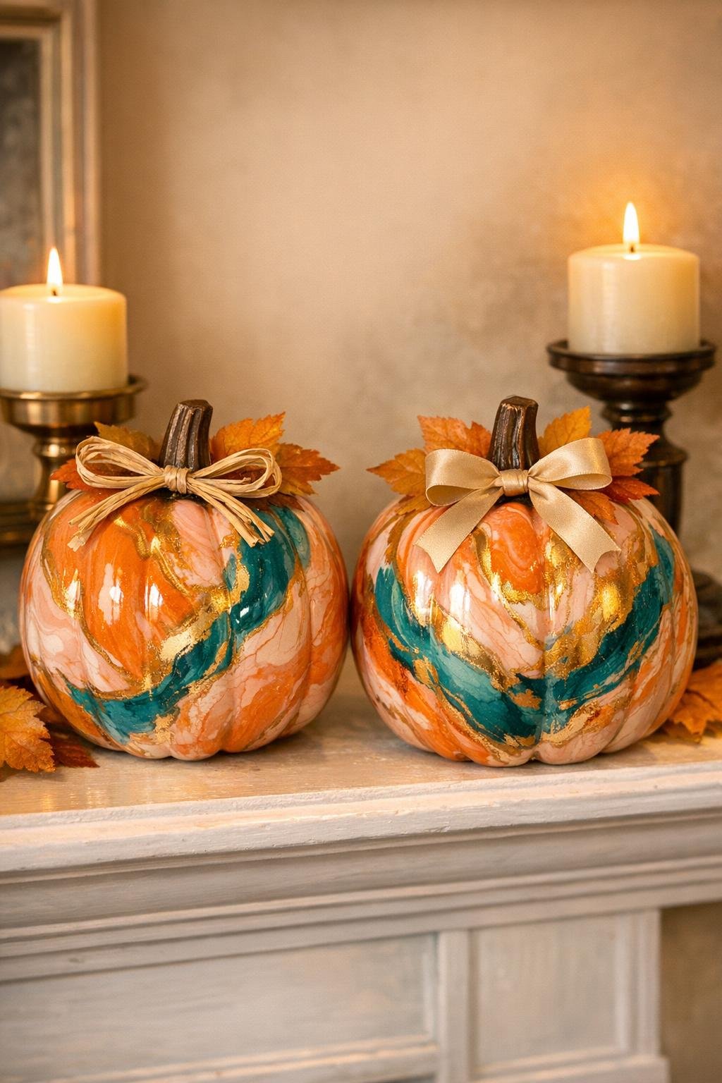 Finished marbled pumpkins displayed as fall decor