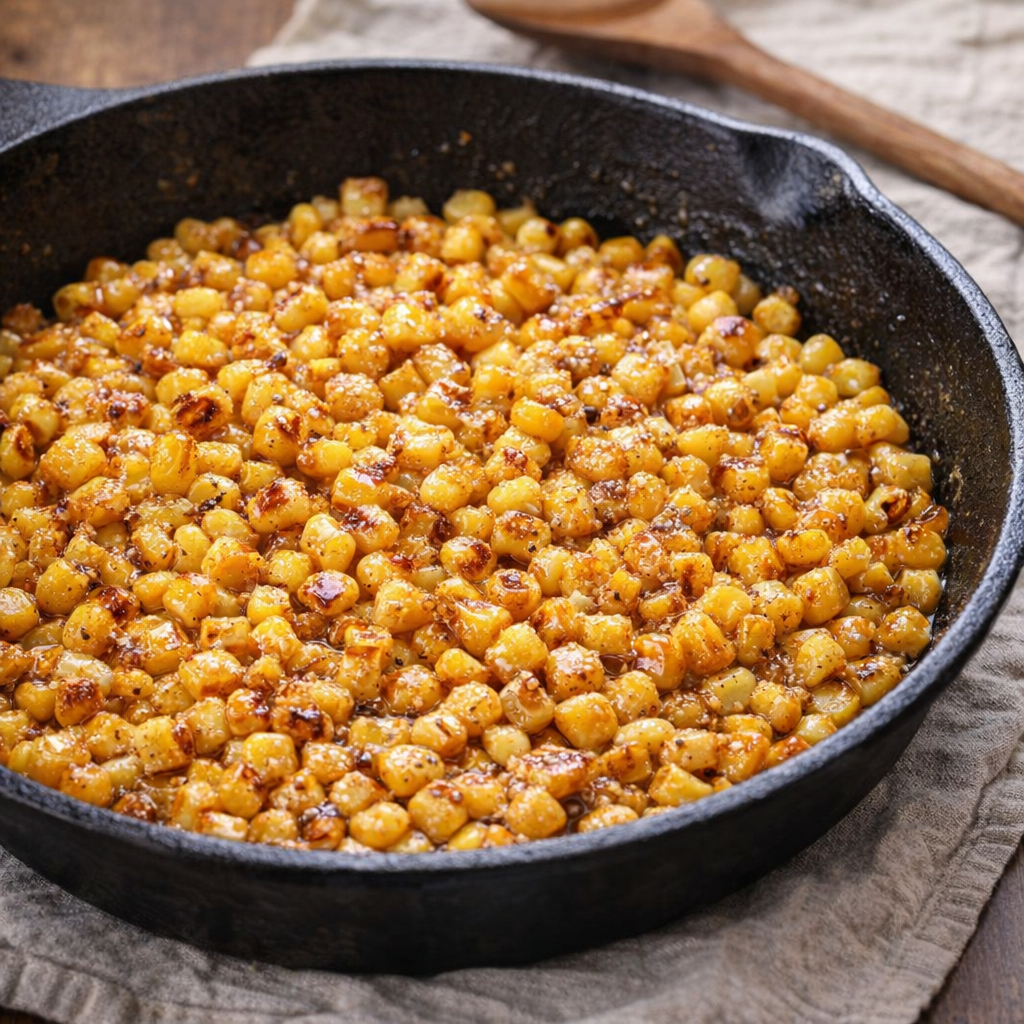 Cast iron skillet filled with glossy honey butter corn