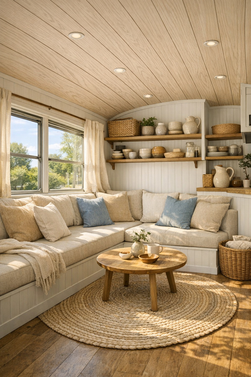 Bright living room inside a converted bus with built-in bench seating and soft cottage details