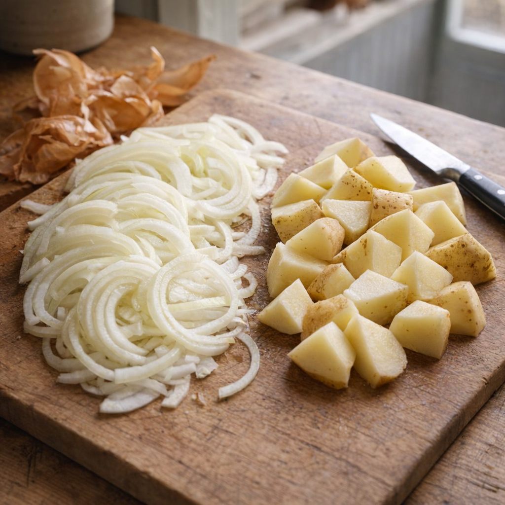 Sliced onions and peeled potatoes on a wooden cutting board