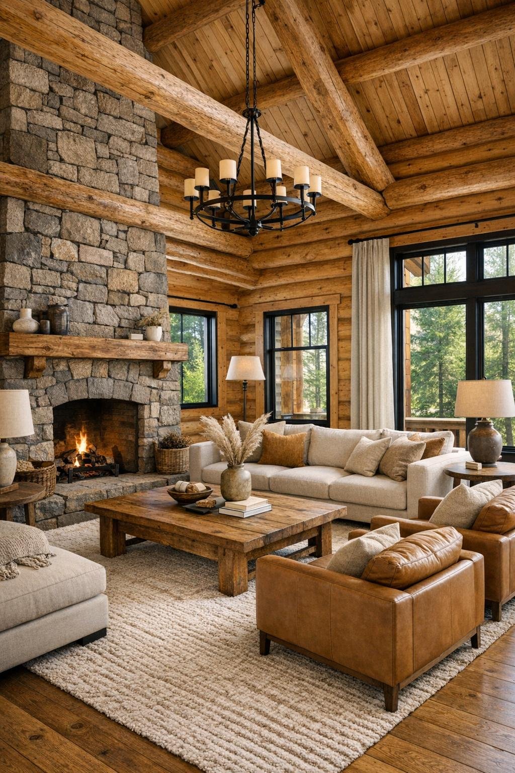 Warm rustic living room with stone fireplace and soft neutral seating