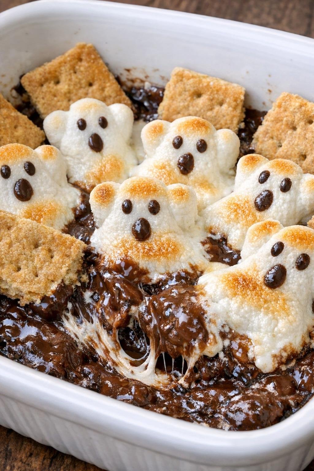 3-ingredient ghost smores dip in a white ceramic baking dish