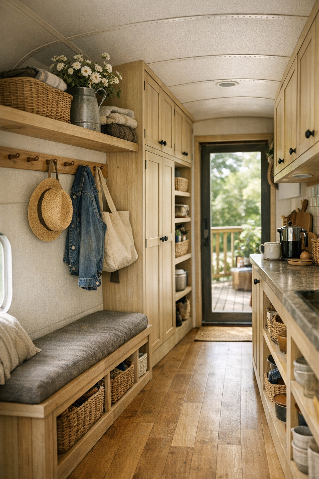 Functional bus entry and corridor with built-in storage and rustic details