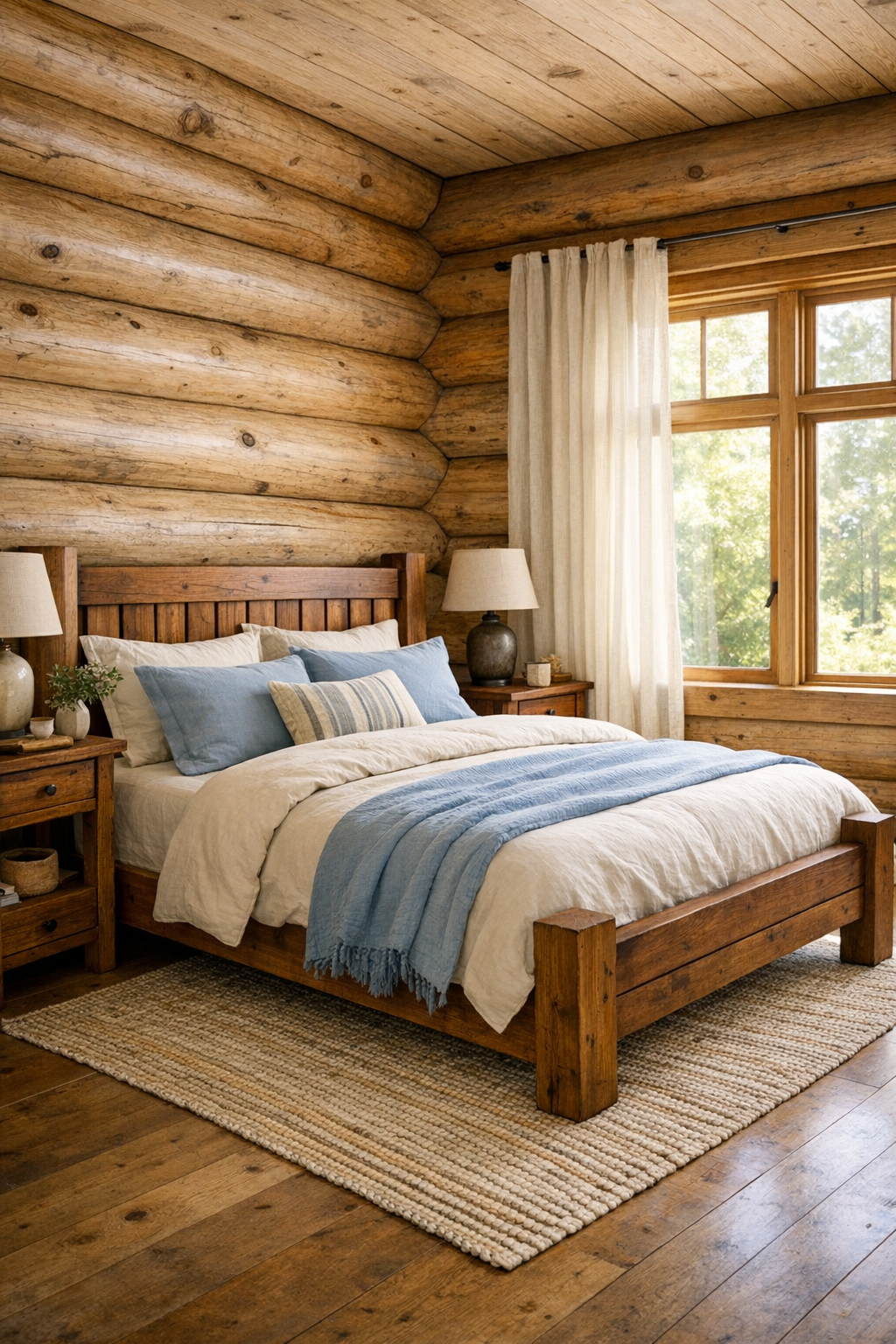 Peaceful log home bedroom with handcrafted wood bed and soft neutral bedding