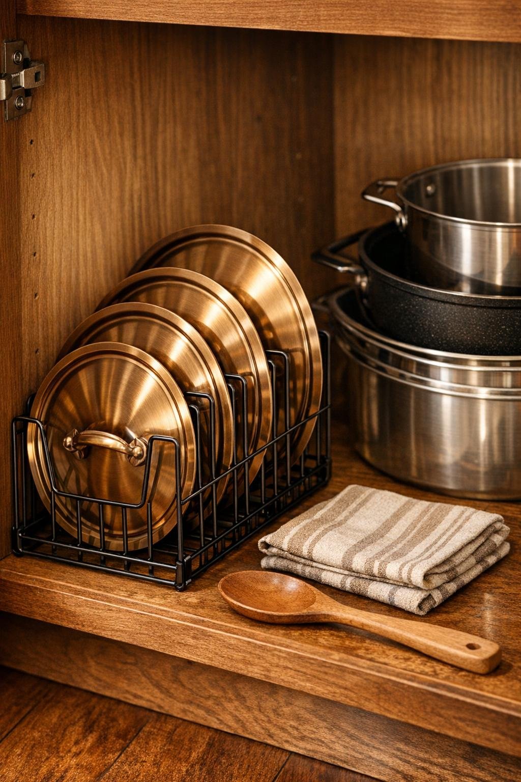 Finished DIY pot lid organizer inside a lower kitchen cabinet