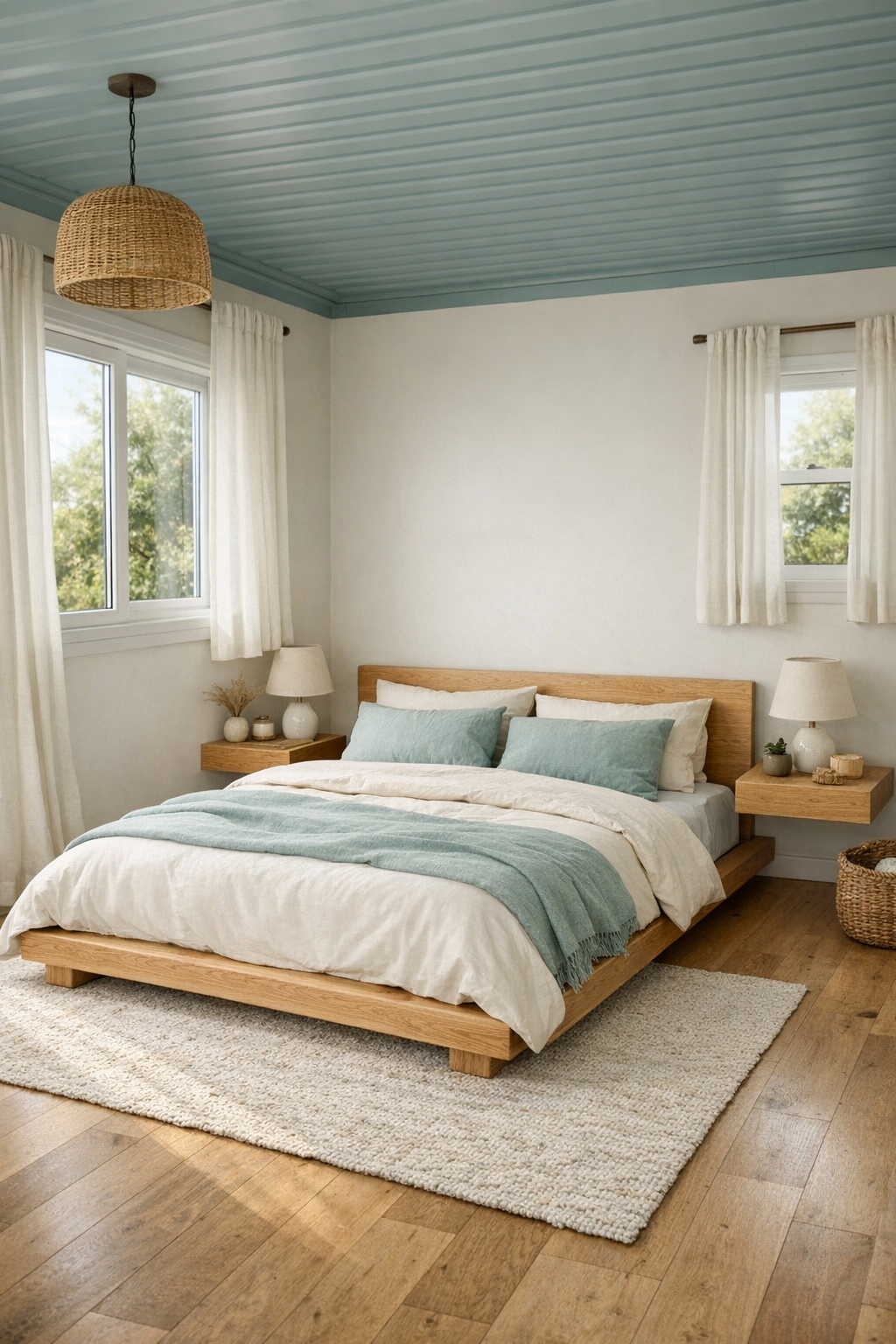 Calm bedroom with pale teal bedding, white oak bed, and warm natural light