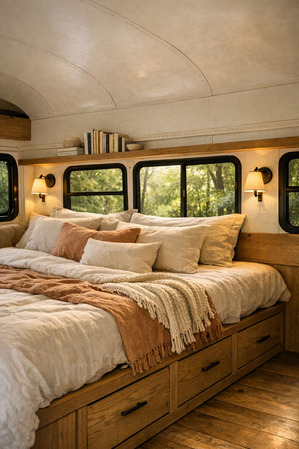 Serene converted bus bedroom with platform bed and linen bedding