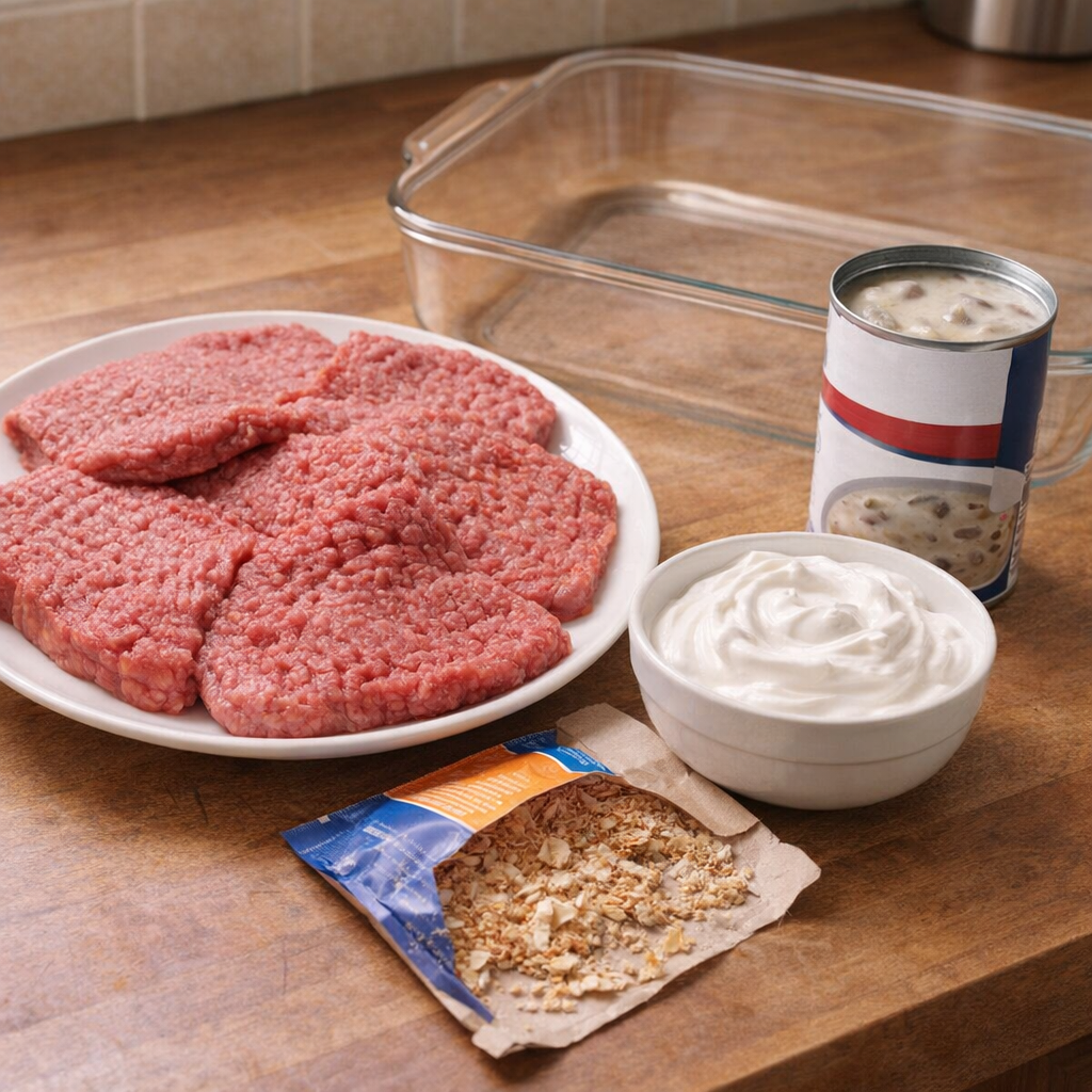 Simple Swiss steak ingredients arranged on a kitchen counter