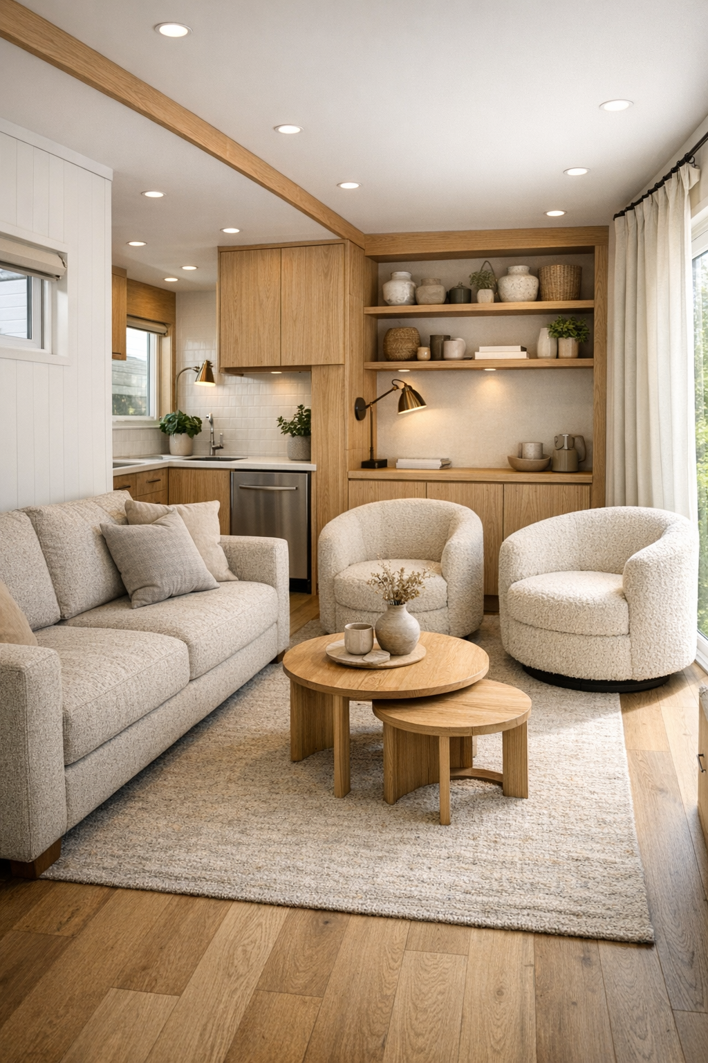 Accessible modern tiny home living room with light oak finishes and wide circulation space