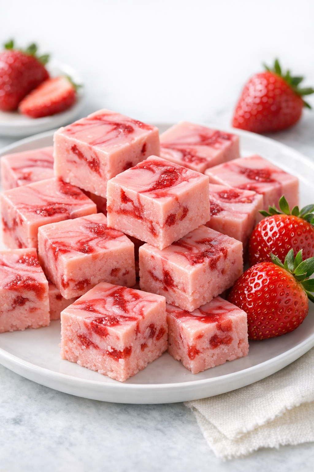Finished strawberry milk fudge cut into squares and plated