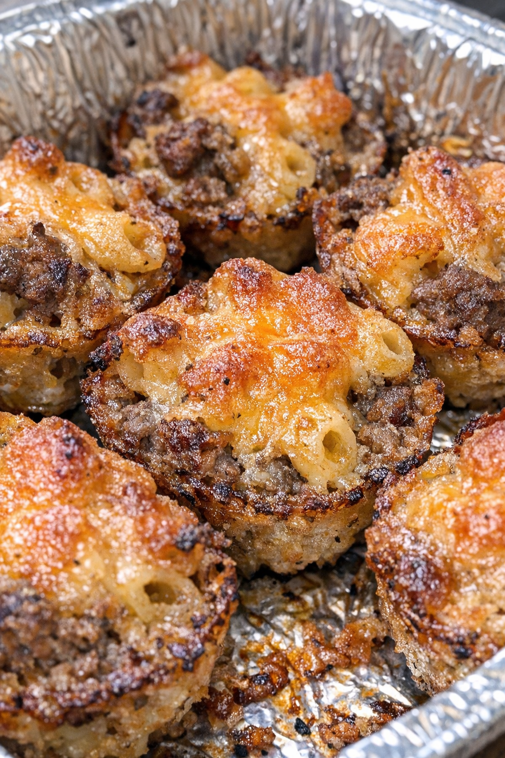 Close-up of baked beef mac and cheese bites