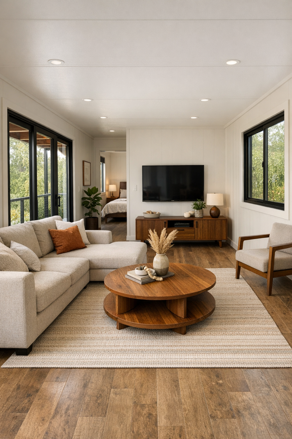 Accessible modern living room with warm white walls, oatmeal sectional, walnut furniture, and soft natural light