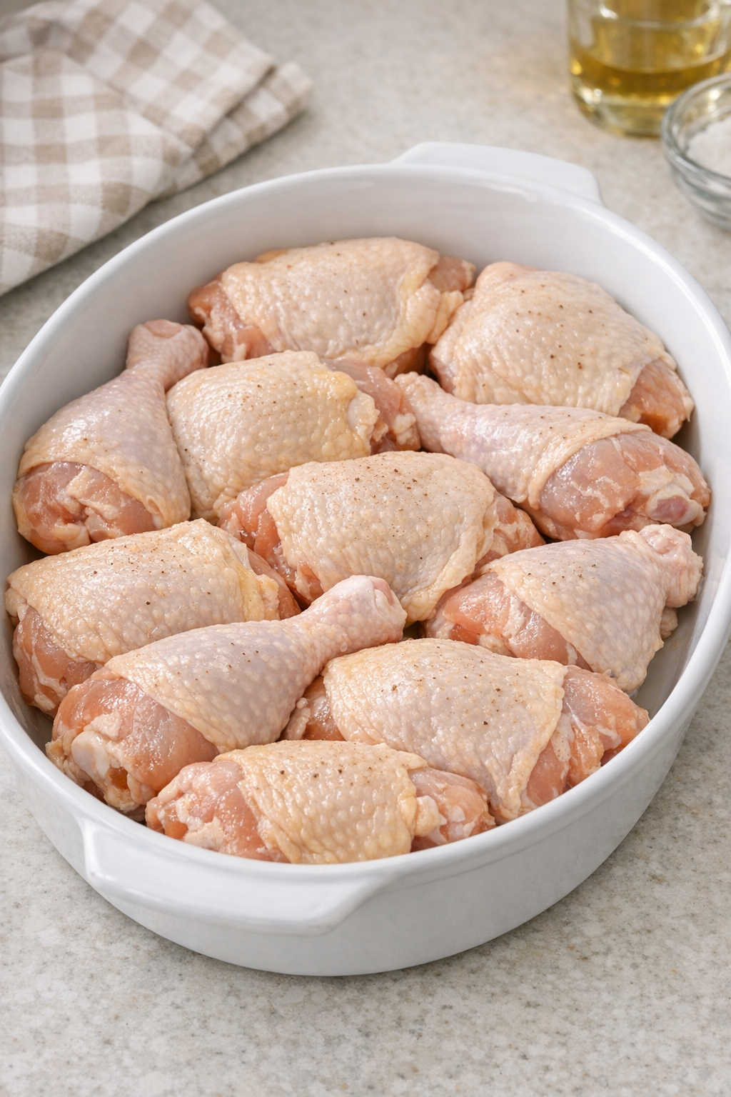 Chicken pieces arranged in a casserole dish