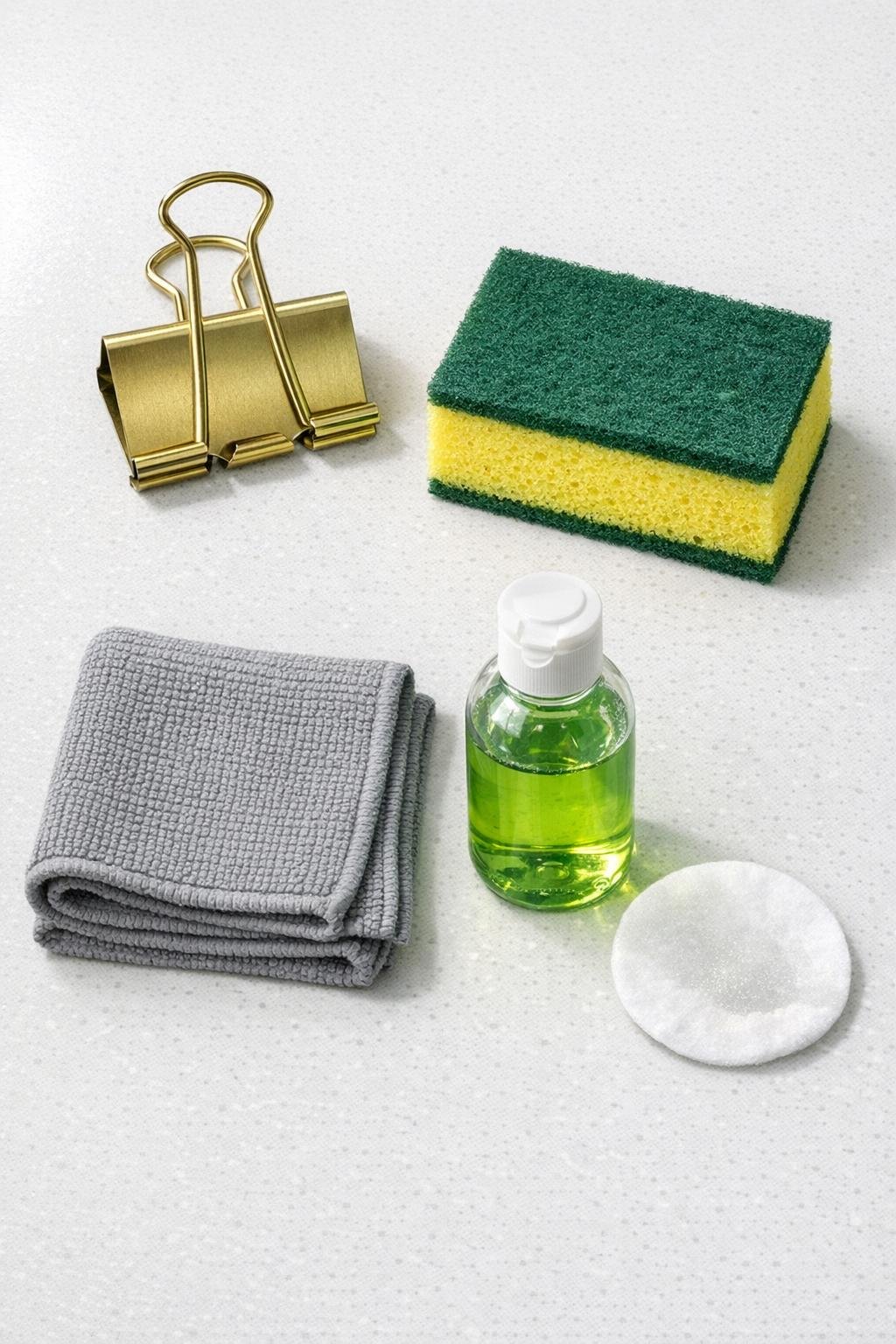 Materials for a binder clip sponge holder laid out on a counter