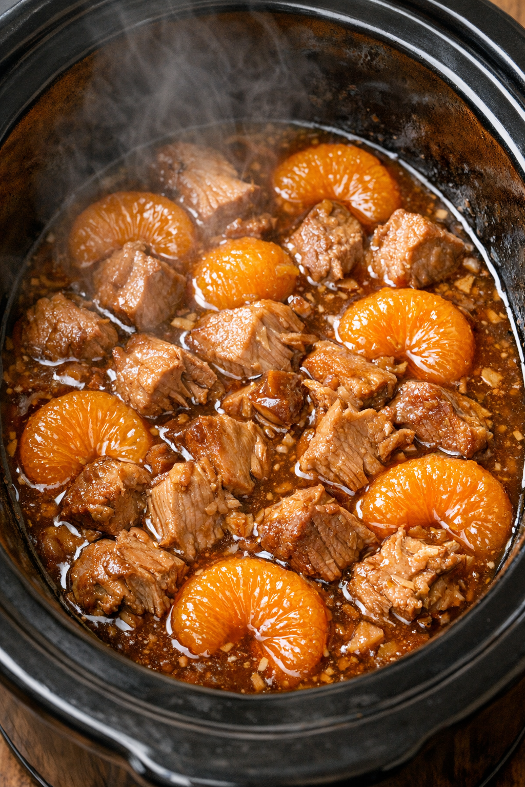 Cooked mandarin pork in the slow cooker