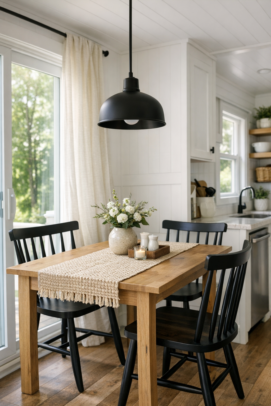 Small farmhouse dining area with a wood table, black chairs, and soft natural light