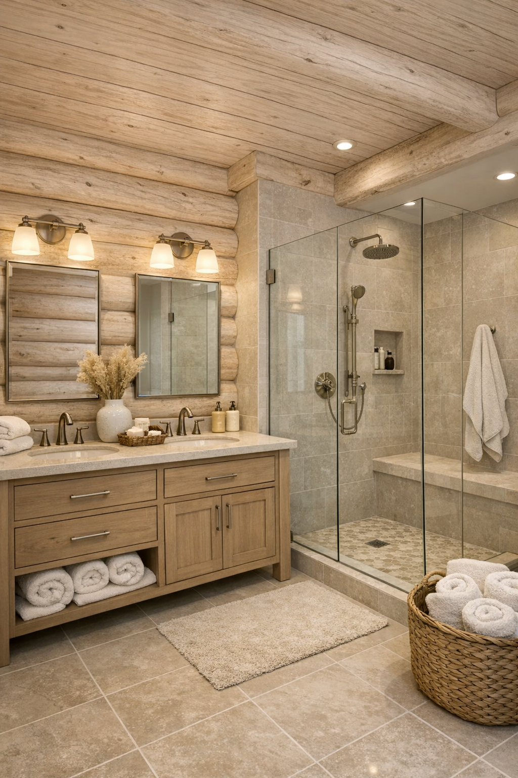 Light bathroom with wood vanity, stone counters, glass shower, and soft neutral tile