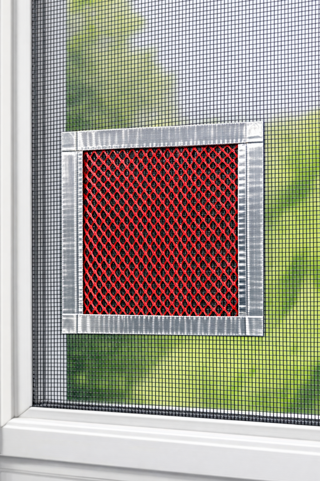 Finished ultra-durable window screen patch made from ironed onion bag mesh