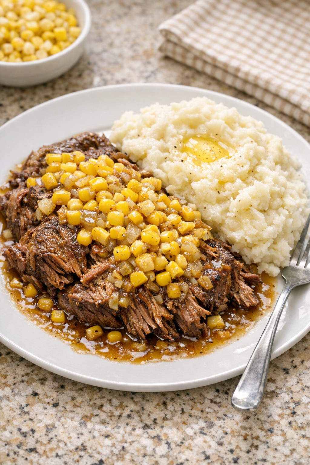 Finished Amish corn beef plated with corn and gravy