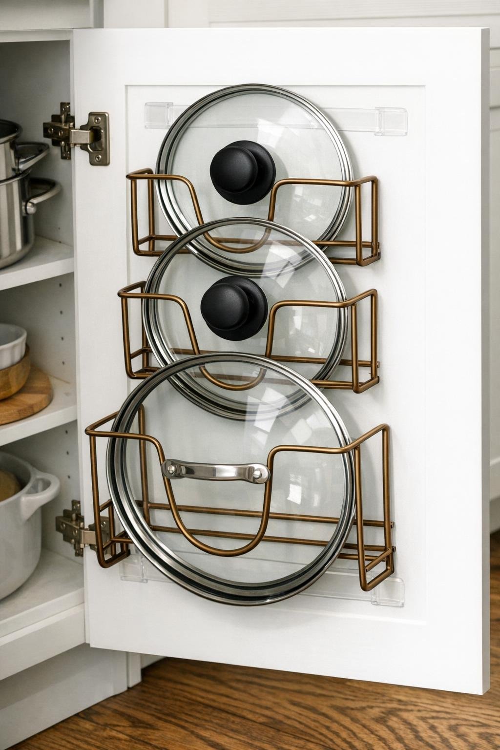 Finished bronze wire file organizer pan lid holder inside cabinet door