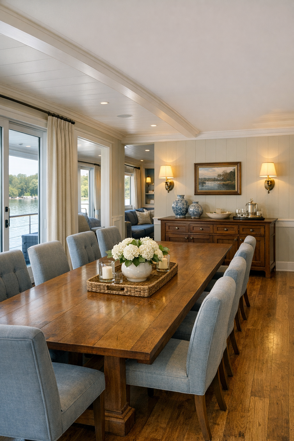 Colonial-style dining room with a long wood table, upholstered chairs, and soft brass lighting