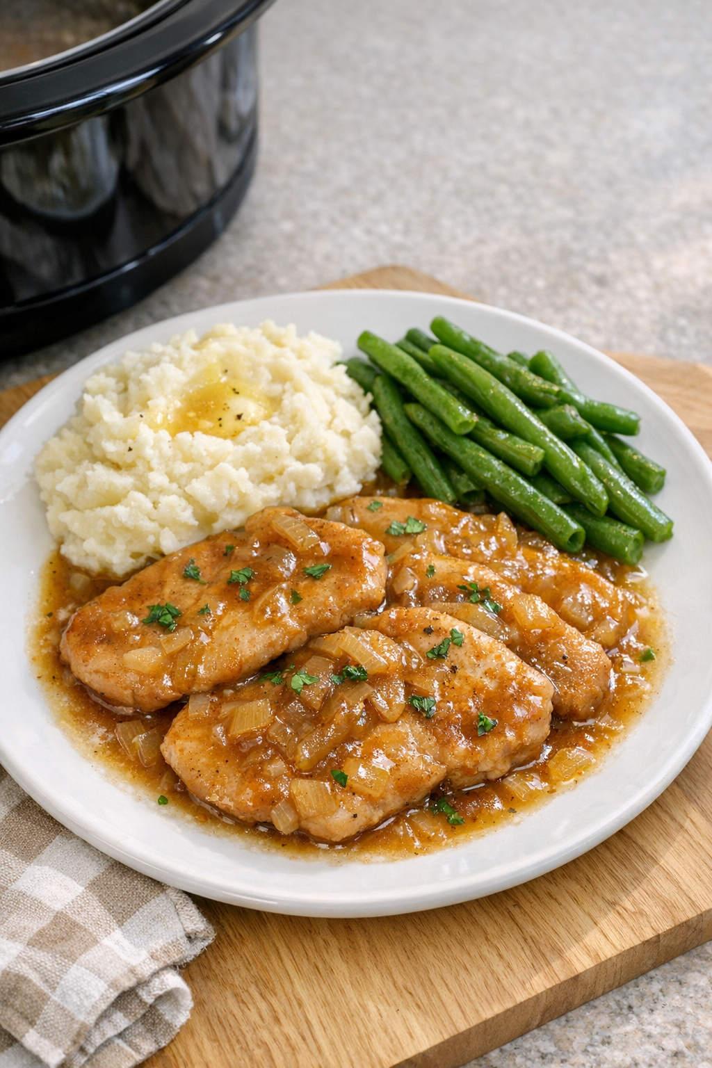 Finished pork chops plated with sauce