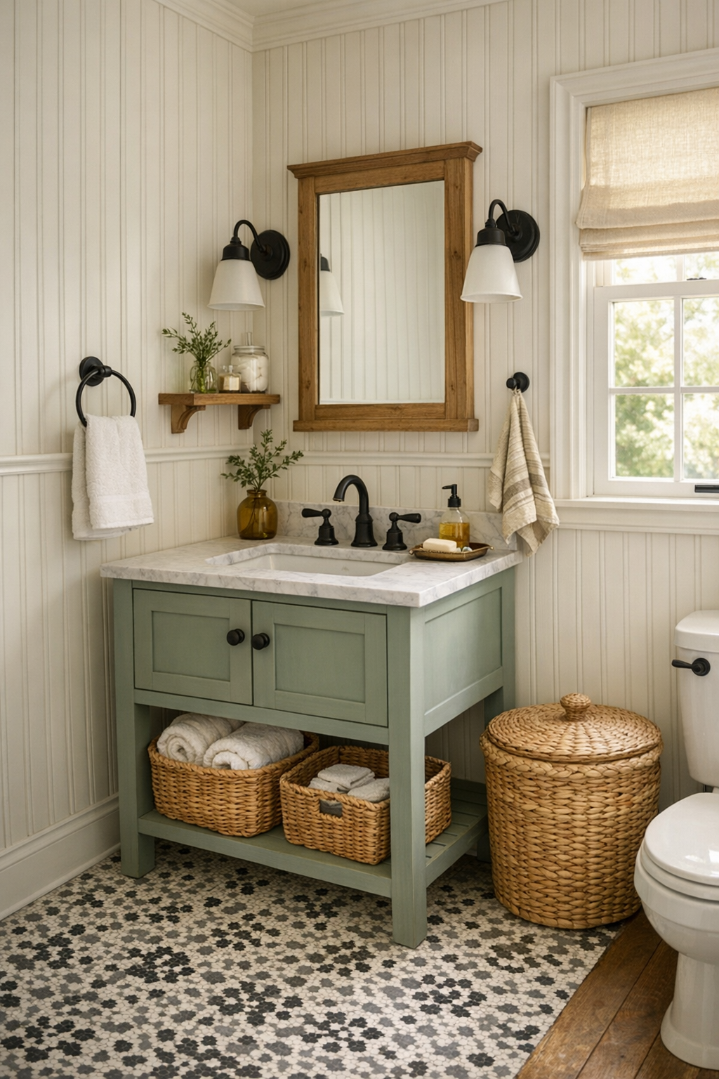 Classic tiny bathroom with beadboard walls, painted vanity, and warm brass details