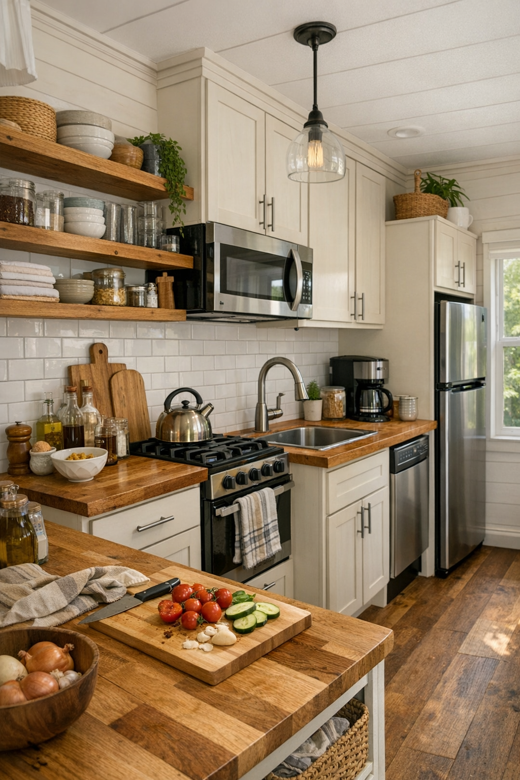 Cozy cottage kitchen with light cabinets, warm counters, and white tile backsplash
