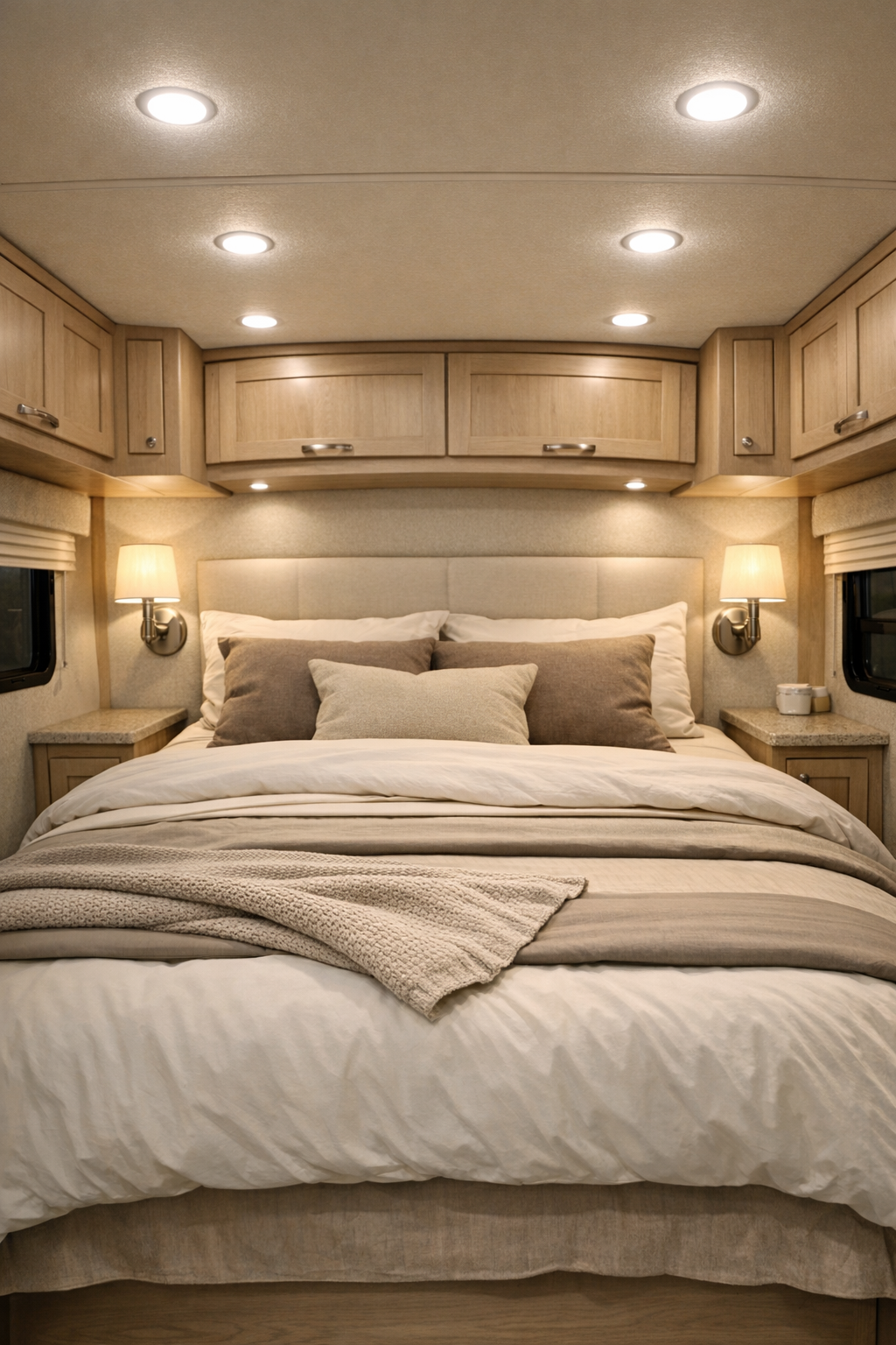 Calm RV bedroom with layered neutral bedding, built-in storage, and soft reading lights