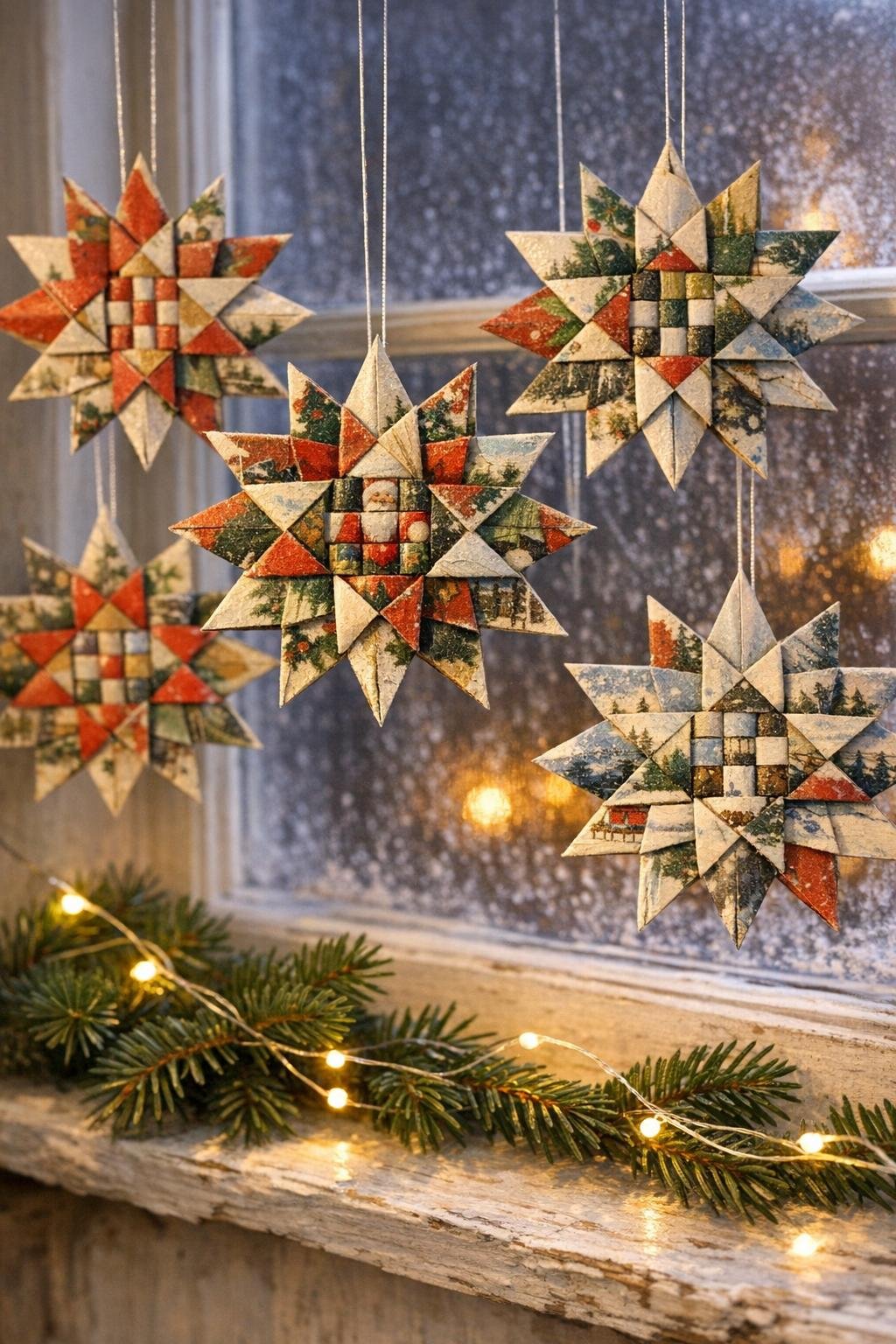 Finished woven Swedish card stars hanging in a cozy holiday window