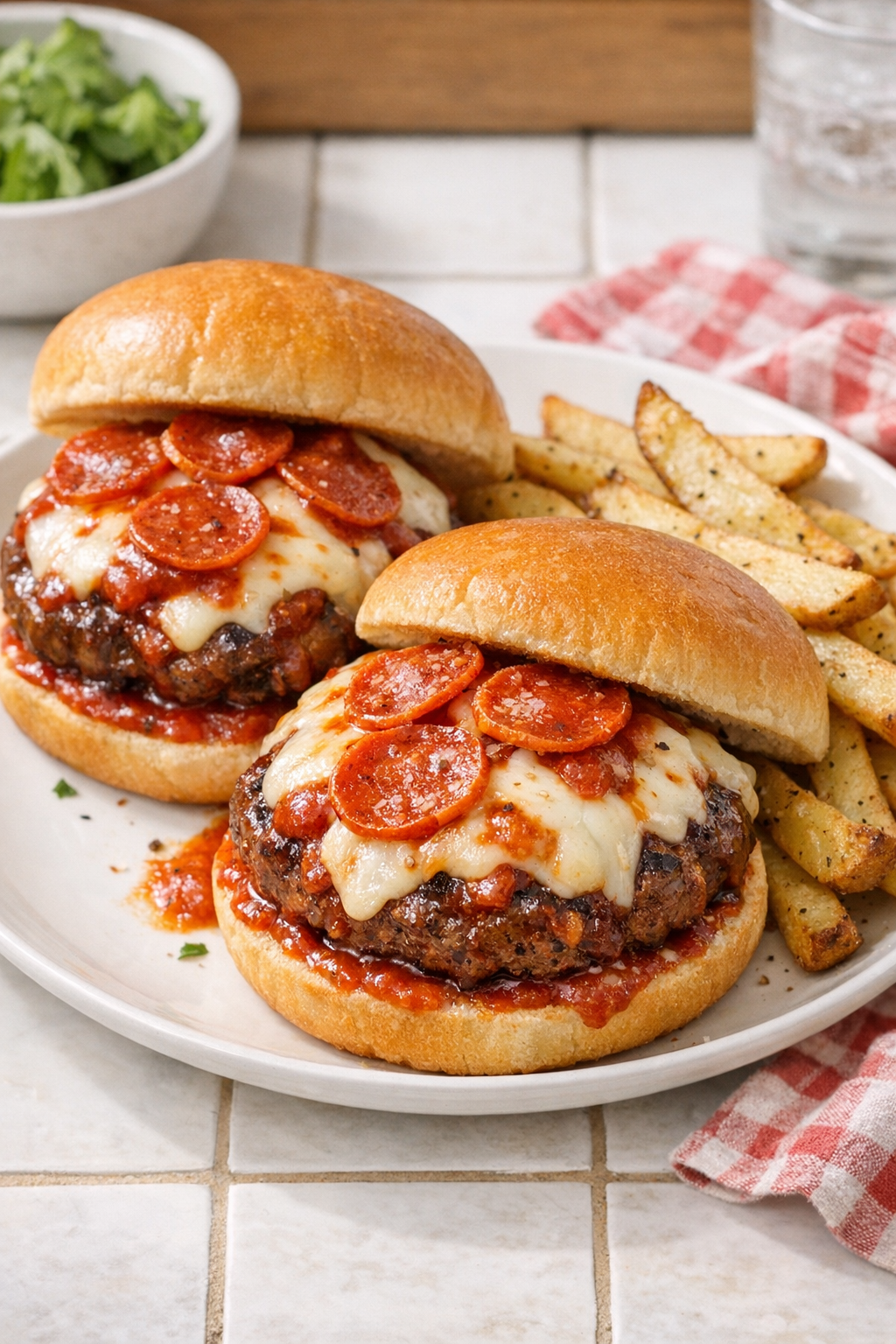 Finished pizza burgers on buns with melted cheese and pepperoni