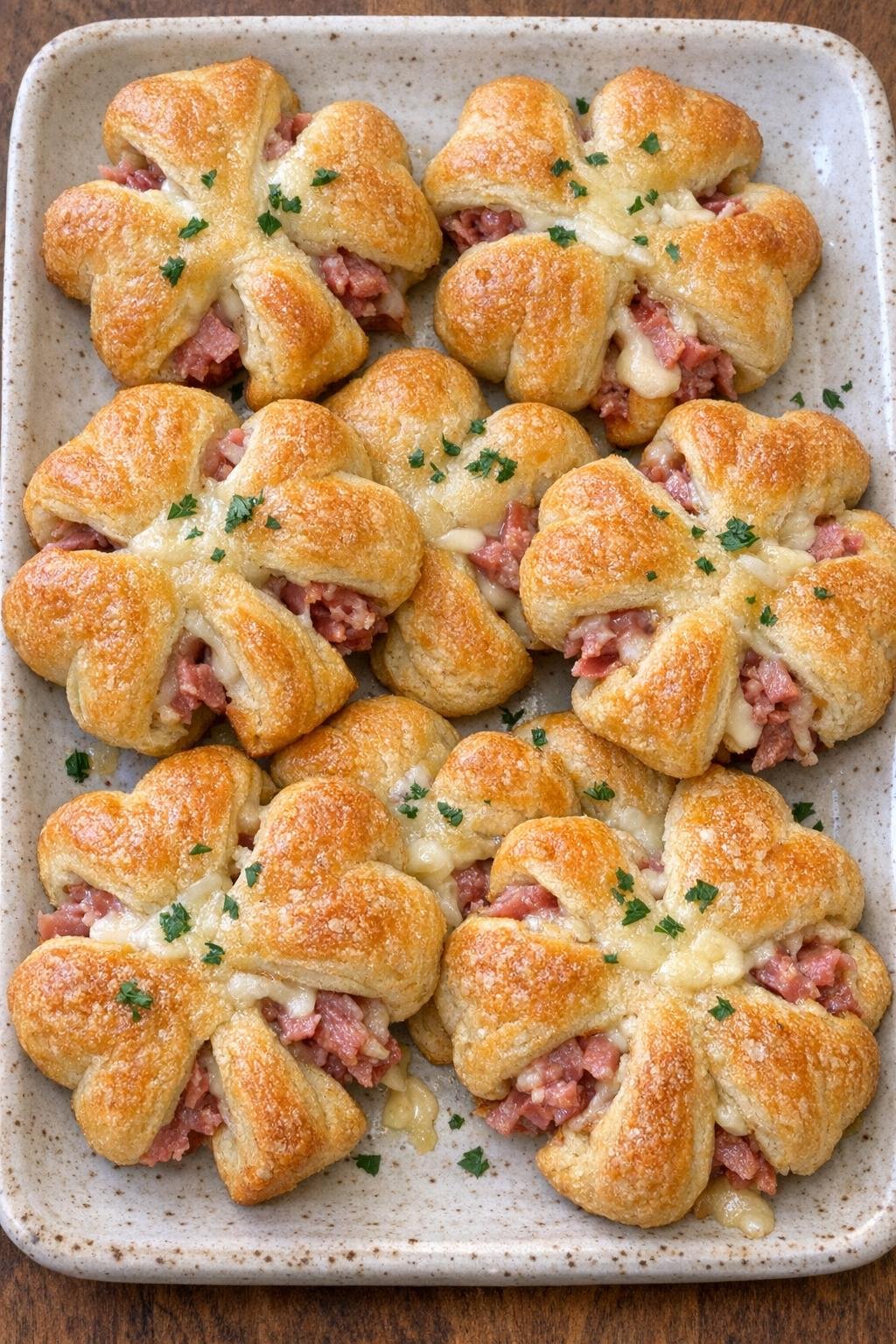 Shamrock-shaped crescent pastries filled with corned beef and Irish cheddar