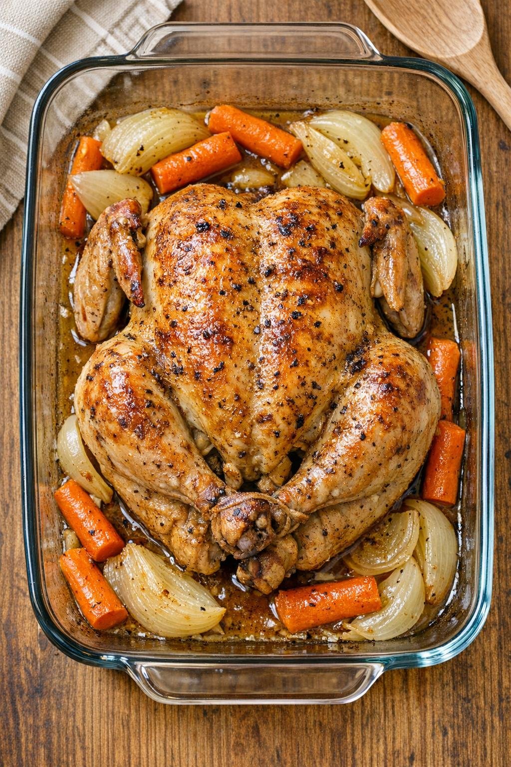 Roasted whole chicken in a glass casserole dish